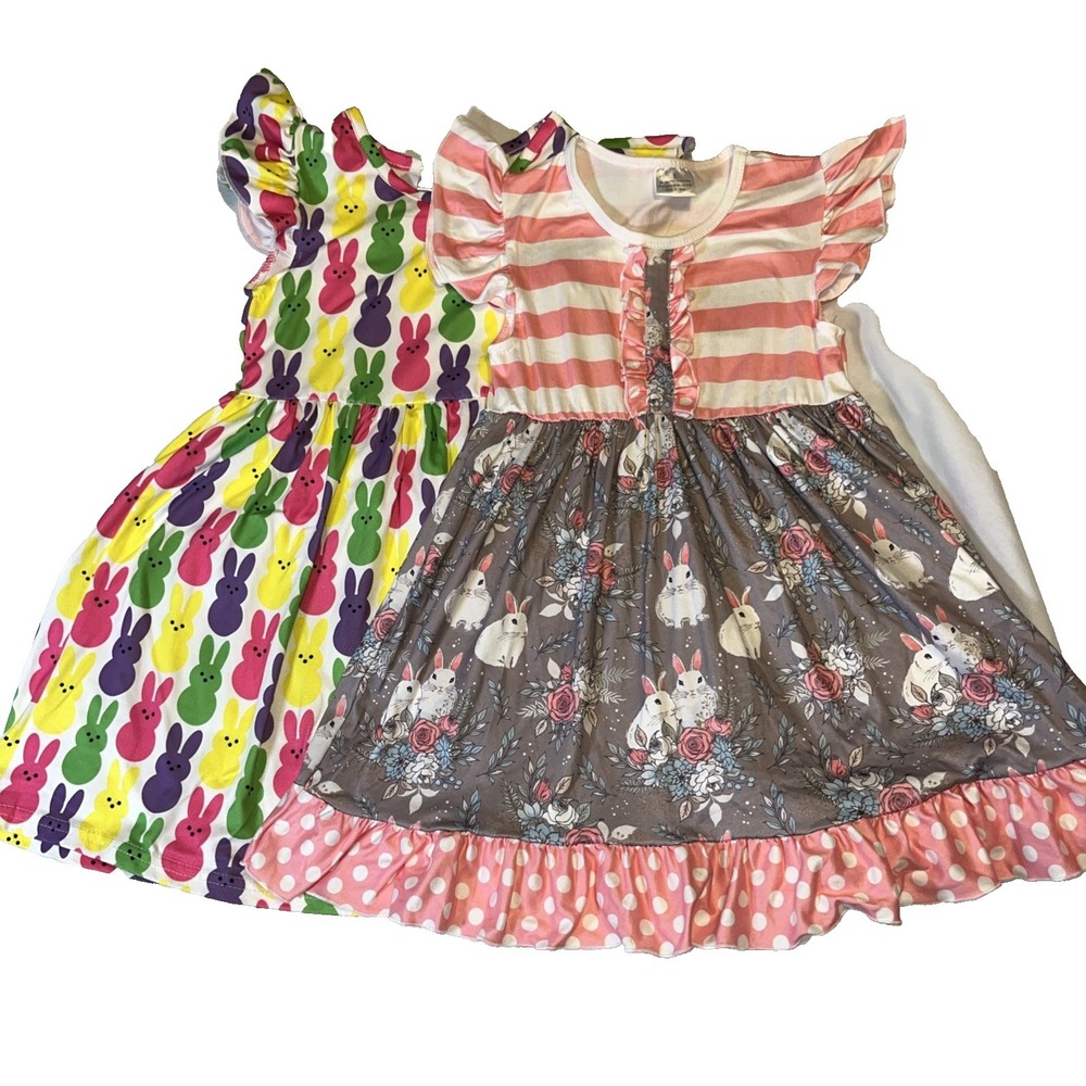 Easter Rabbit Dresses 5 6 Lot Peeps Polka Dots Stripes Pink Girl's Spring Ruffle